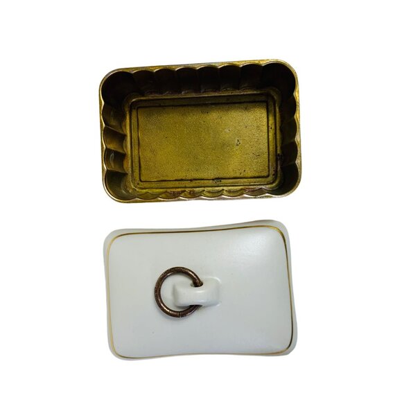 MCM Atomic Style Trinket Box Ridged Brass Base Ceramic Lid O Ring Handle Decor - Picture 6 of 13